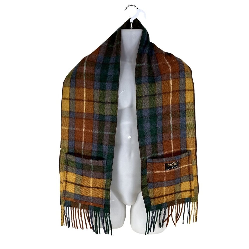 Patrick King Woollen Co. Deluxe Wool Tartan Plaid Scarf Pockets Fringe Preppy